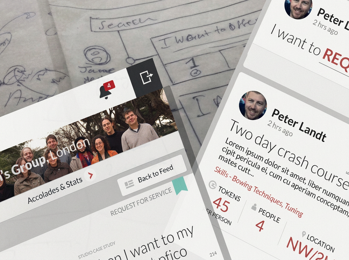A developer's desk: open notebook with handwritten PRD sketches, code printouts, sticky notes, and an espresso